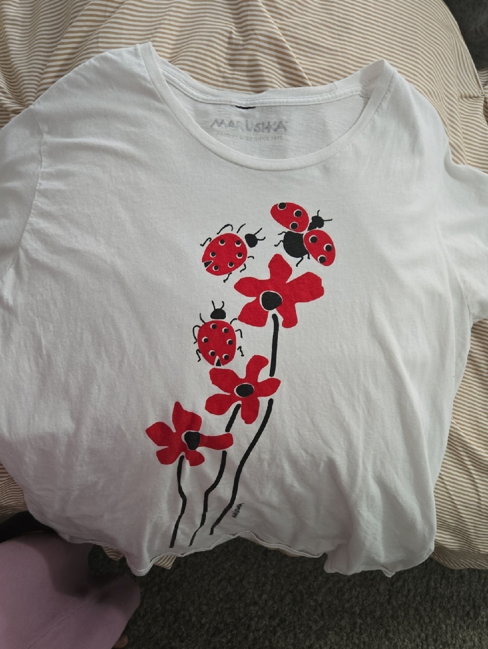 Marushka White Tee with Red Ladybug Floral Print